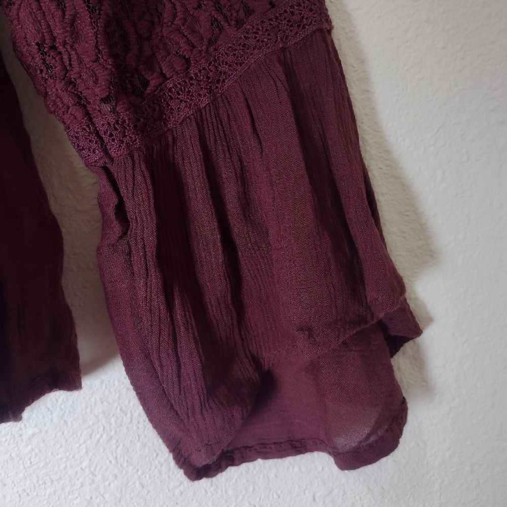 American Eagle Sheer Lace Panel Bell Sleeve V-Neck Flowy Peplum Blouse Wine Red - Picture 10 of 15